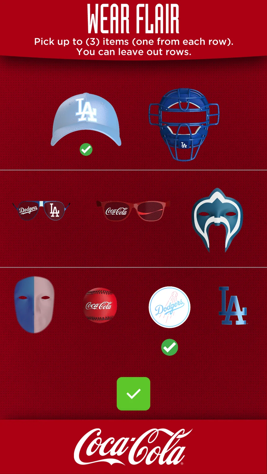 Pantalla de personalización de Bobblehead con gorras, lentes, máscaras y stickers