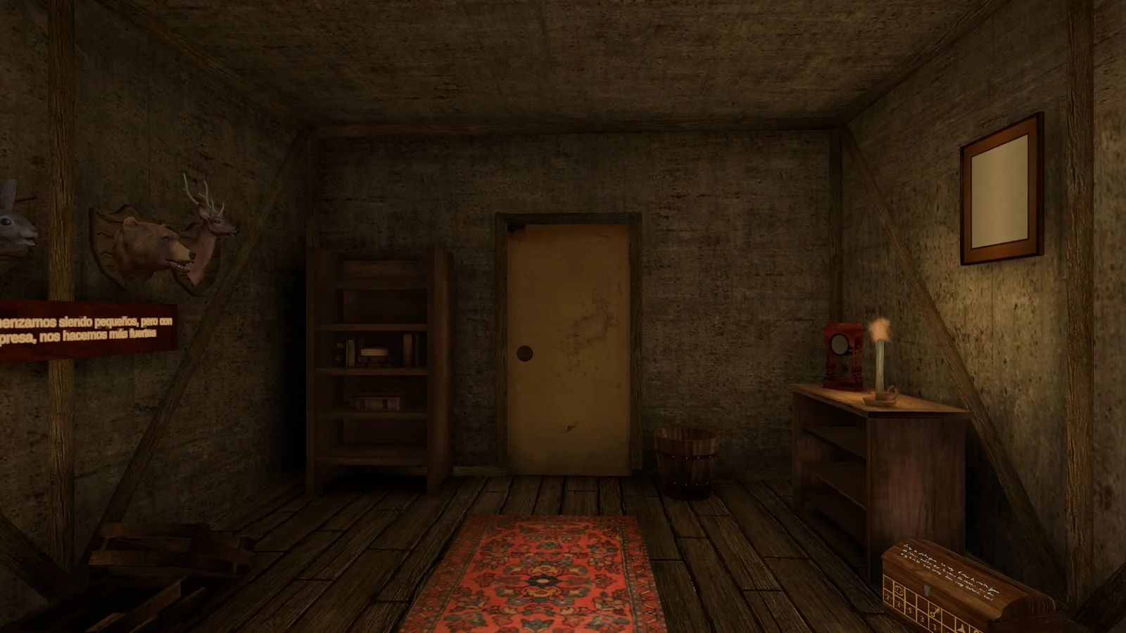 Habitación de la granja en Blood Seed, con una caja de acertijos sobre el mueble