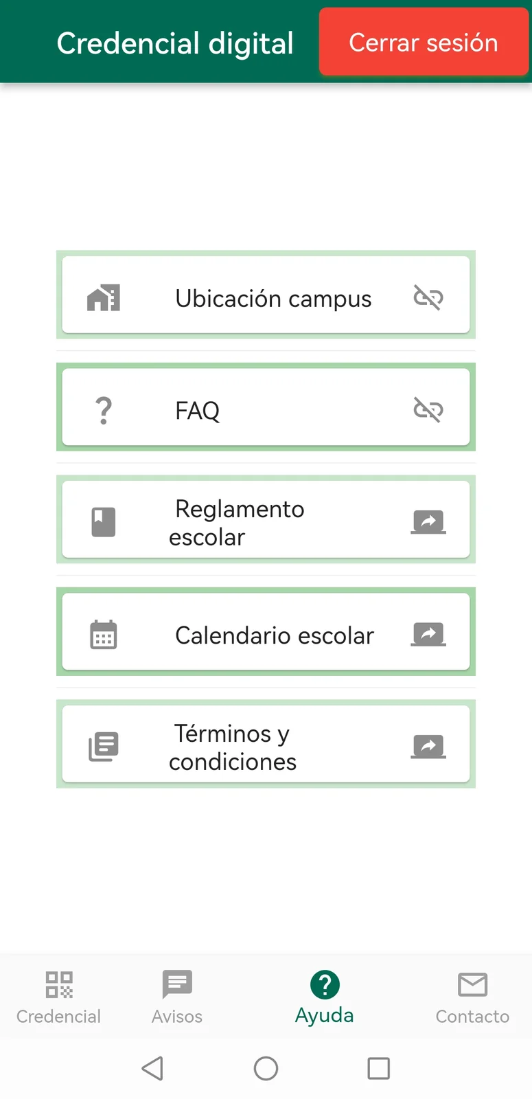 Sección de ayuda de la app con ubicación del campus, FAQ, reglamento y calendario escolar