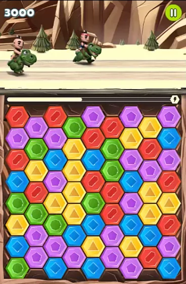 Carrera cerrada entre dos dinosaurios sobre el tablero de match-3